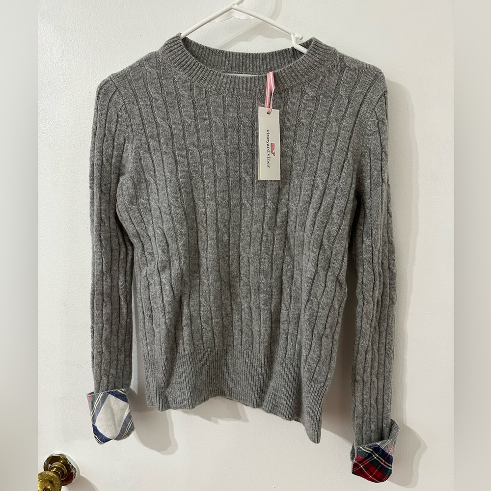 Vineyard Vines Gray Plaid Cuff Tartan Cuff Cashmere Sweater